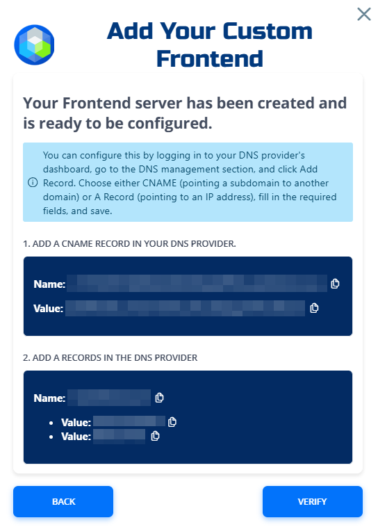 Custom frontend DNS info